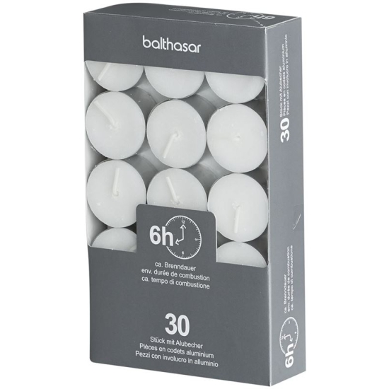Balthasar Teelichte mit Alublech Weiss 6h 30 Stück buy online