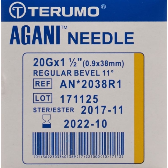 Terumo Agani disposable cannula 20G 0.9x38mm yellow 100 pcs