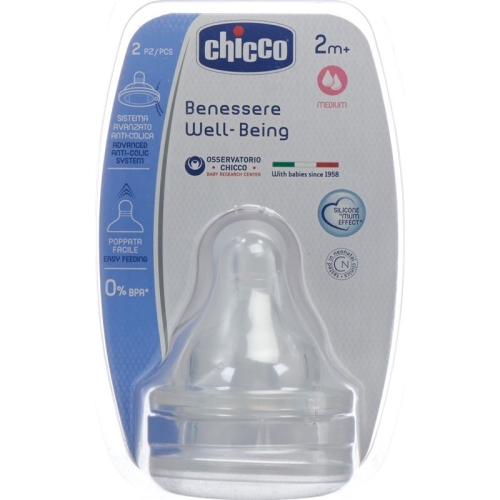 Chicco Physiological anti-colic bottle nipple silicone 2 hole. medium flow 2m + IT / DE / FR 2 pcs