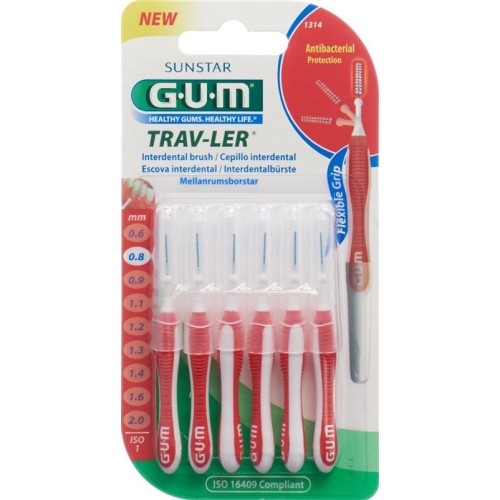 GUM SUNSTAR Proxabrush Trav-Ler ISO 1 0.8mm cylindric red 6 pcs