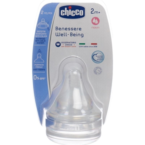 Chicco Physiological anti-colic bottle nipple silicone 2 hole. medium flow 2m + IT / DE / FR 2 pcs