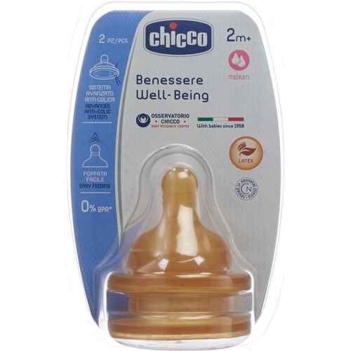 Chicco Physiological Anti-Colic Teats rubber. 2 hole. medium flow 2m + IT / DE / FR 2 pcs
